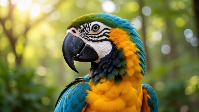 Stunning macaw portrait showcases vibrant colors in lush greenery, a beautiful representation of wildlife and tropical birds.