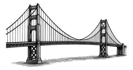 Detailed Black and White Engraving of Golden Gate Bridge with Crosshatch Shading and Perspective