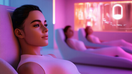 Relaxed women unwinding in a futuristic wellness lounge with ambient lighting