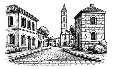 Fototapeta premium Detailed Ink Drawing of a European Town Street Scene with Buildings and Tower