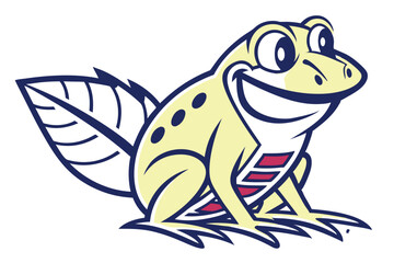 Animated cartoon yellow frog has black spots and smiles with a leaf