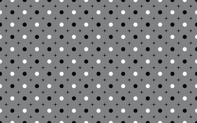 Retro-inspired dot pattern featuring monochrome polka dots with subtle sparkling star elements on a muted gray backdrop