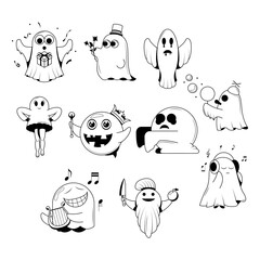 Set Abstract Collection Doodle Black Line Happy Halloween Greeting Ghost Spirit Tongue Out Background. Vector Design Banner Party Invitation Template