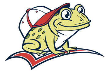 Cartoon light yellow frog with spots wearing a baseball cap rests on a check mark