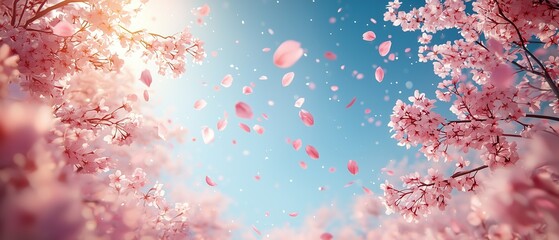 Cherry Blossoms Falling with Sakura Tree Branches, Pink Petals Flying in Blue Sky, Spring Nature, Dreamy Mood, Ukiyo-e Style High-Resolution Photography
