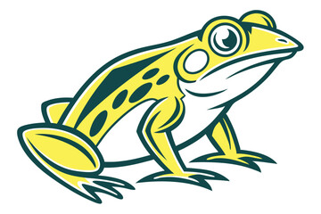 Stylized yellow frog mascot with dark green outline rests on a white background