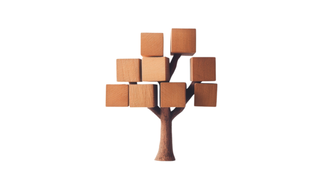 Tree with cube-shaped trunk segments, Transparent background, PNG file