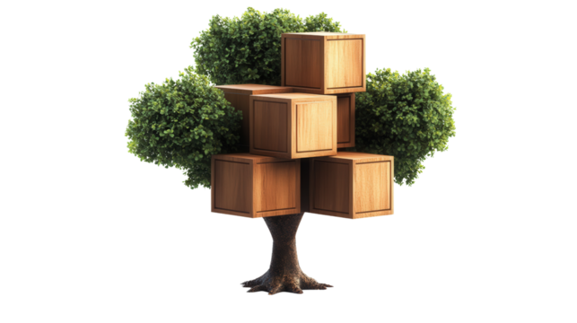 Tree with cube-shaped trunk segments, Transparent background, PNG file