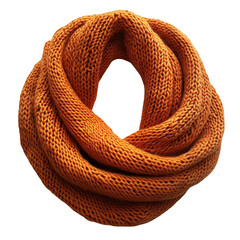 Warm knitted orange infinity scarf with a textured pattern presented as a single object isolated on a transparent background for easy design integration isolated on transparent background