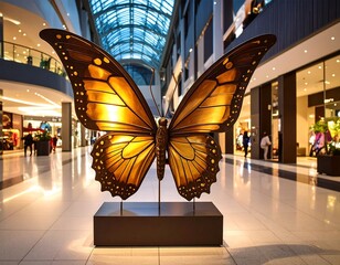 Large golden butterfly sculpture in a shopping mall