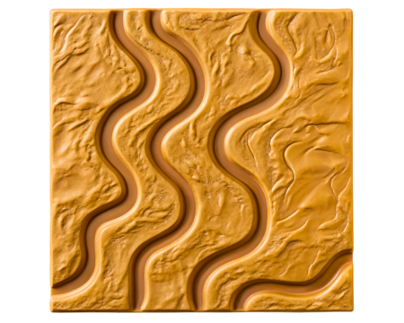 Square piece of caramel chocolate with wavy patterns on a transparent background