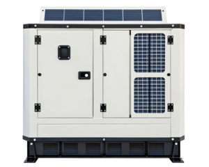 Hybrid diesel generator with a solar panel for off-grid power on a transparent background