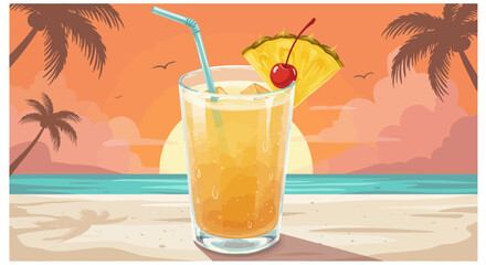 Tropical beach vacation cocktail with pineapple and cherry illustration