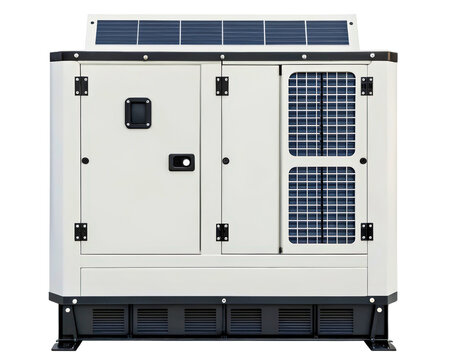 Hybrid diesel generator with a solar panel for off-grid power on a transparent background