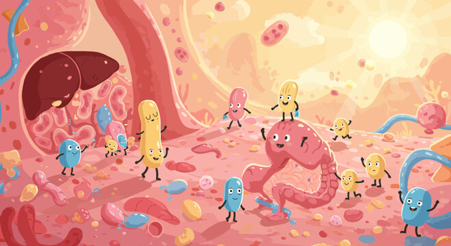 Playful illustration showcasing the human gut microbiome with cute bacterium characters