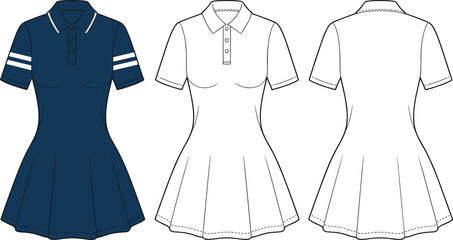  Women's sporty polo mini dress fashion flat technical drawing, front and back views, pleated skirt, athletic casual apparel vector illustration.