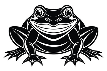 Smiling black frog displays its webbed feet against the bright white background