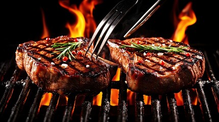 Sizzling Grilled Steaks on Flames, Glistening and Cooked to Perfection with Tongs, Set on a Dramatic Black Background
