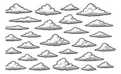 Collection of Hand Drawn Clouds with Engraved Style for Weather Forecast Illustration and Design