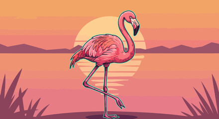 Cartoon flamingo illustration at sunset with a tropical atmosphere,vector art