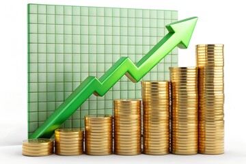 Golden coins stacked in ascending order beside a green upward trending arrow on a white background