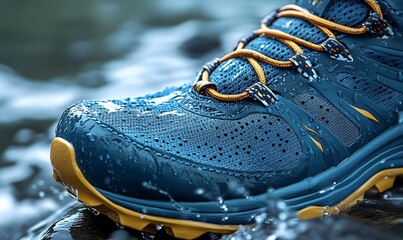 Close-up of water-resistant running shoes. Waterproof, durable, and supportive footwear, perfect for outdoor activities. Generative Ai