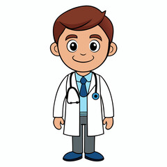 Fototapeta premium Cartoon drawing of a young, smiling doctor wearing a lab coat and stethoscope on a crisp background. generative AI