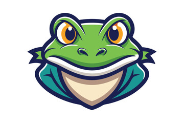 A green cartoon frog head smiles broadly with prominent yellow eyes looking forward