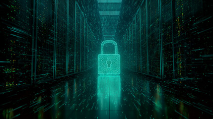 Cybersecurity Lock in Server Room: Luminescent green padlock illuminates dark server room, symbolizing digital security and data protection in digital age.