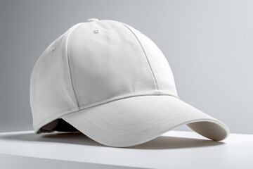 Plain white baseball cap placed on a neutral background with large empty copy space