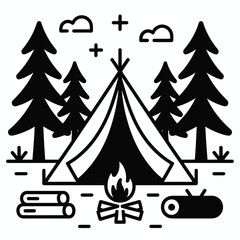 Black and white camping scene with tent trees campfire and logs