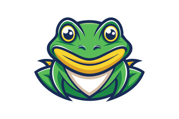 A friendly cartoon frog with a wide yellow grin happily faces forward at us