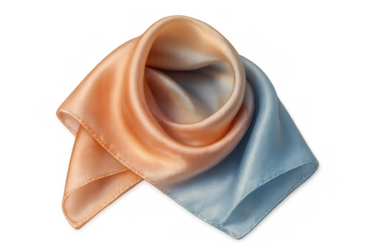 Gradient silk scarf transitioning from warm orange to cool blue, elegantly draped and displayed against clean transparent backdrop