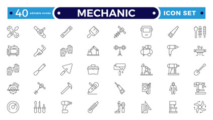 Mechanic Outline icon set. Repair worker sign. Industrial technician with wrench symbol. Maintenance and service tradesman pictogram. Workshop and professional expertise. Editable stroke outline icon

