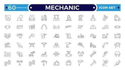 Mechanic Outline icon set. Repair worker sign. Industrial technician with wrench symbol. Maintenance and service tradesman pictogram. Workshop and professional expertise. Editable stroke outline icon
