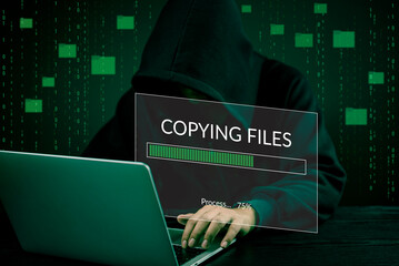 Hacker hands Data transfer File copying process laptop screen. Cybercrime, hacking digital breach,...