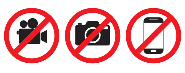 No photography video prohibited forbidden area sign, No photo no video recording set silhouette icon, camera icon, No recording or taking pictures sign, Prohibiting the use of cameras or phones