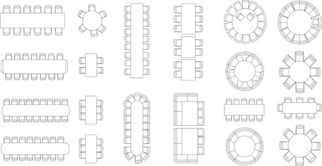  Top view dining table layouts, modern furniture arrangement, vector chair designs, architectural plan symbols, interior floor plan furniture set  flat vector illustration © merajul