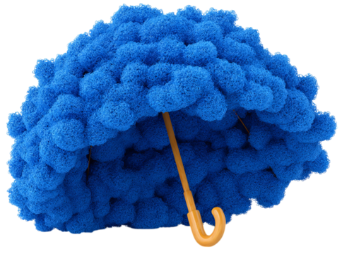 Fluffy blue cloud umbrella abstract 3d render, Isolated On Transparent Background, Cut Out