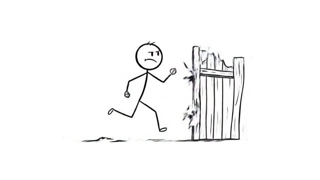 Stick figure man kicking wooden fence simple cartoon illustration funny action graphic design
