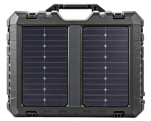 Fototapeta premium Portable solar panel charger in a durable black briefcase on a transparent background