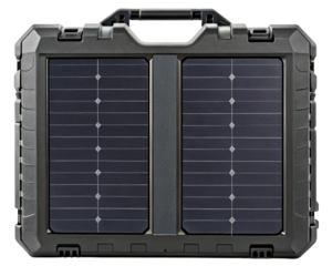 Portable solar panel charger in a durable black briefcase on a transparent background