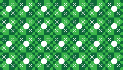 Seamless geometric pattern with alternating circles and crosses in various green tones on a checkered background. 
