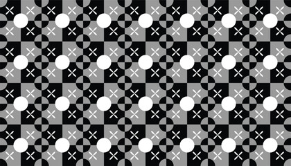 Minimalist black and white geometric pattern featuring repeated circles, X symbols, and squares in a checkered layout. A modern and structured seamless design ideal for design