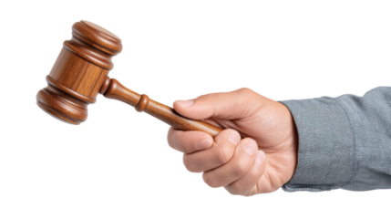 Wooden gavel isolated on transparent background held on hand with gray shirt