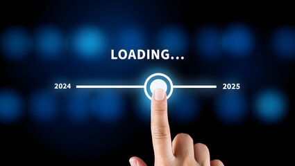 In progress loading year 2024 to 2025, Planning and challenge business strategy in new year, Man hand touching loading bar for countdown to 2025. Countdown merry Christmas and Happy New Year, Startup,