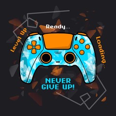 Joystick, gamepad illustration with slogan text, for t-shirt prints and other uses. © thesatanyouknow