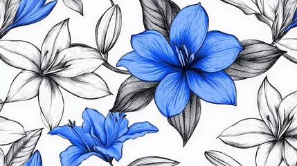 Vibrant blue and white floral pattern on a crisp white background.