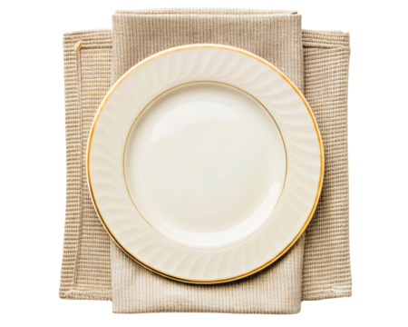 Elegant empty plate with a gold rim on a linen napkin on a transparent background - Powered by Adobe