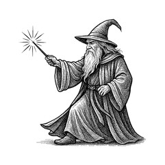 Fototapeta premium Wizard casting a spell with magic wand in detailed vintage engraving style black and white
